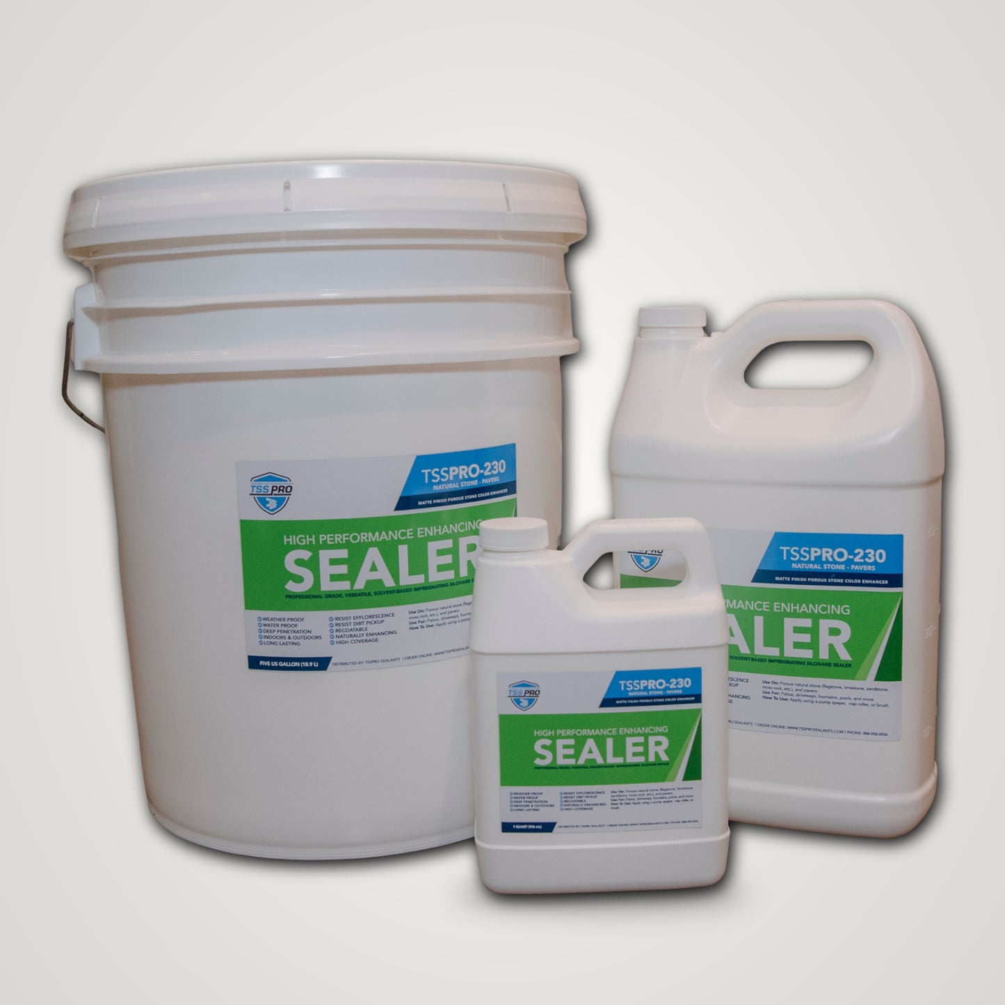 TSSPRO 230 High Performance Enhancing Sealer — 5 gallon pail, 1 gallon jug & 1 quart container, group shot