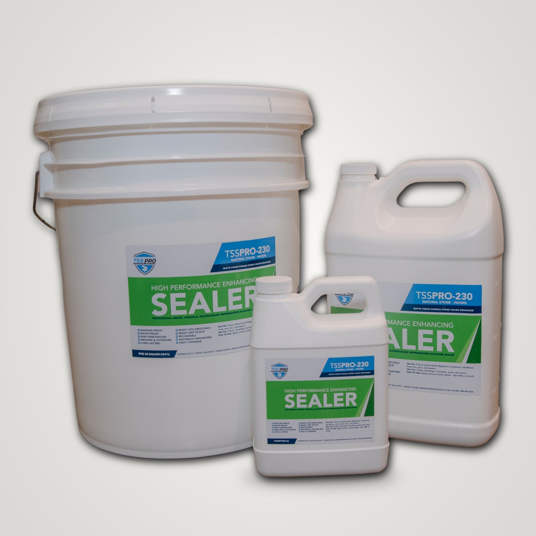TSSPRO 230 High Performance Enhancing Sealer — 5 gallon pail, 1 gallon jug & 1 quart container, group shot