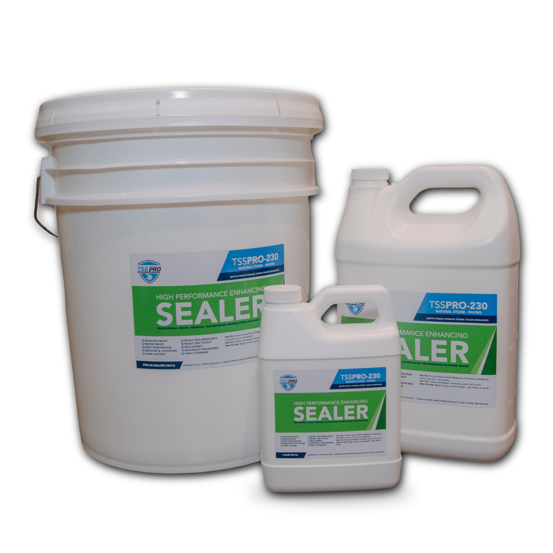 TSSPRO 230 High Performance Enhancing Sealer — 5 gallon pail, 1 gallon jug & 1 quart container, group shot