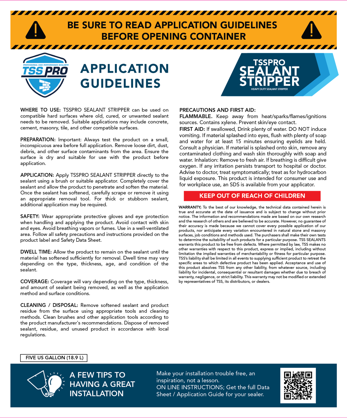 TSSPRO Sealant Stripper five-gallon container label showing product benefits, compatible surfaces, and usage directions